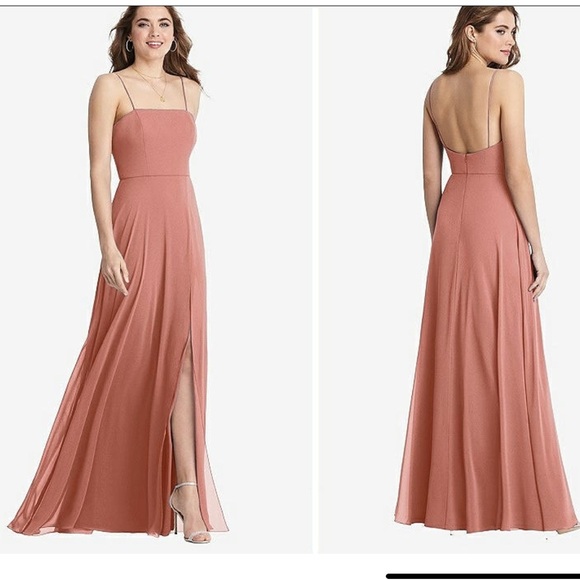 Lovely Square Neck Chiffon Maxi Dress W/Front Slit Desert Rose 10R - Picture 1 of 9